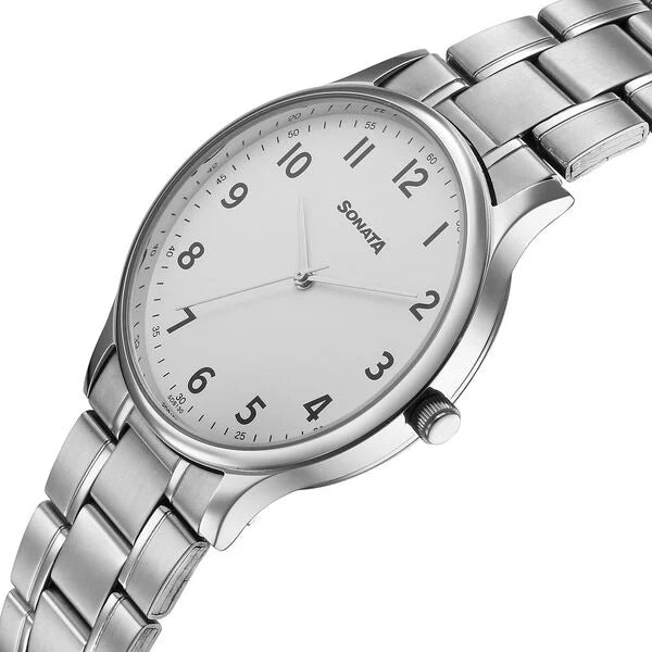 Sonata Aspire Quartz Analog White Dial Watch For Men - 77105SM30W - KRISHNA WATCH COMPANY