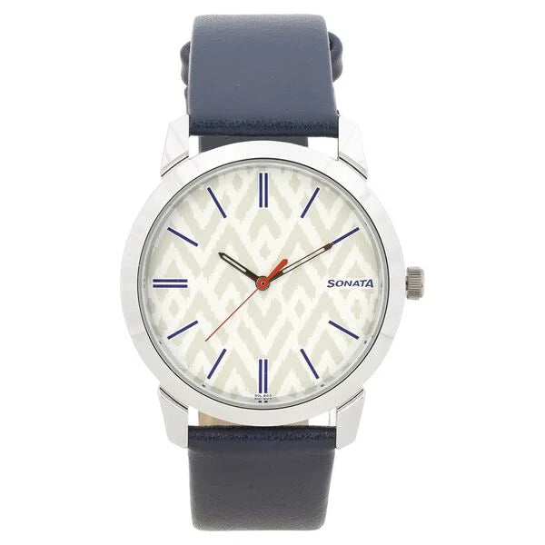 Sonata Knot White Dial Leather Strap Watch for Men 77107sl02 - KRISHNA WATCH COMPANY