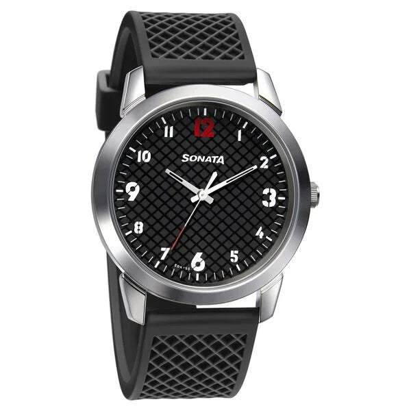 Sonata Smart Plaid Quartz Analog Black Dial TPU Strap Watch for Men np77107sp02w - KRISHNA WATCH COMPANY