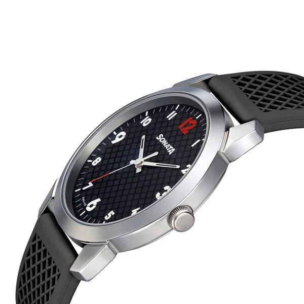 Sonata Smart Plaid Quartz Analog Black Dial TPU Strap Watch for Men np77107sp02w - KRISHNA WATCH COMPANY