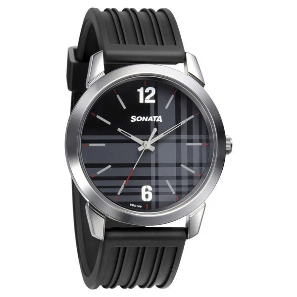 Sonata Smart Plaid Quartz Analog Black Dial TPU Strap Watch for Men 77107sp04w - KRISHNA WATCH COMPANY