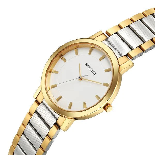 Sonata Utsav Quartz Analog White Dial Stainless Steel Strap Watch for Men 77108bm05 - KRISHNA WATCH COMPANY