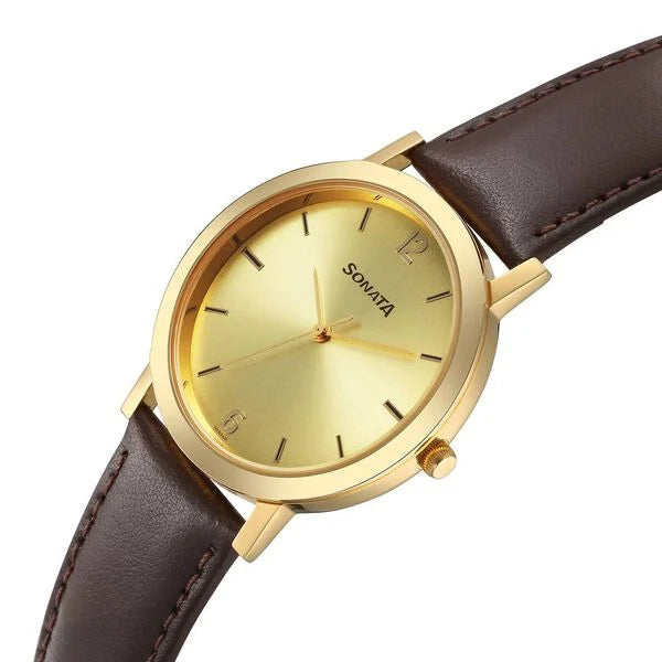 Sonata Utsav Quartz Analog Champagne Dial Watch for Men - 77108YL03 - KRISHNA WATCH COMPANY
