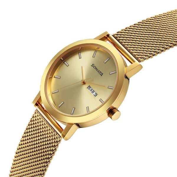 Sonata Utsav Quartz Analog with Day and Date Champagne Dial Stainless Steel Strap Watch for Men 77108ym09 - KRISHNA WATCH COMPANY