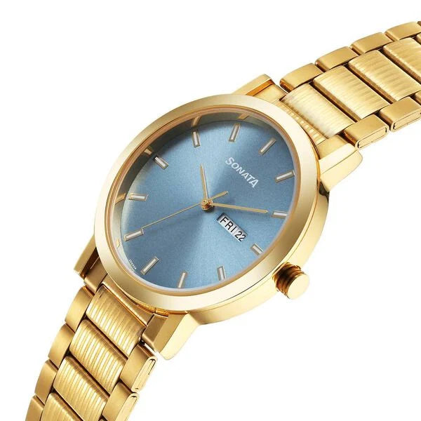 Sonata Utsav Quartz Analog with Day and Date Blue Dial Stainless Steel Strap Watch for Men 77108YM10 - KRISHNA WATCH COMPANY