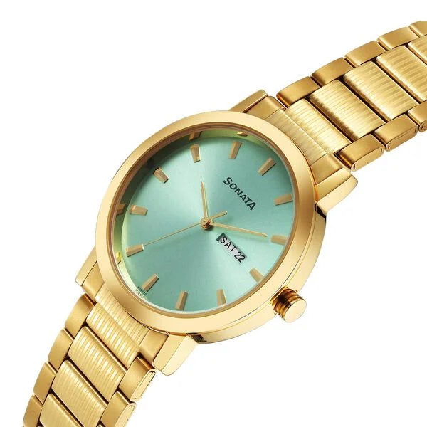 Sonata Utsav Quartz Analog with Day and Date Green Dial Stainless Steel Strap Watch for Men 77108YM12 - KRISHNA WATCH COMPANY