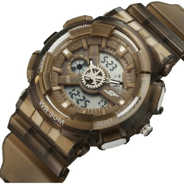 Sonata SF Spectra Quartz Digital Brown Dial Translucent Brown Polyether Strap Watch For Men 77137pp06