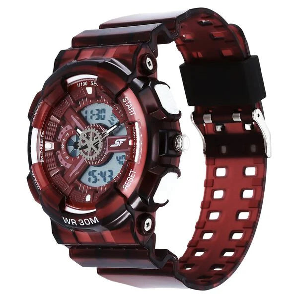 Sonata SF Spectra Quartz Digital Maroon Dial Translucent Maroon Polyether Strap Watch For Men 77137pp07