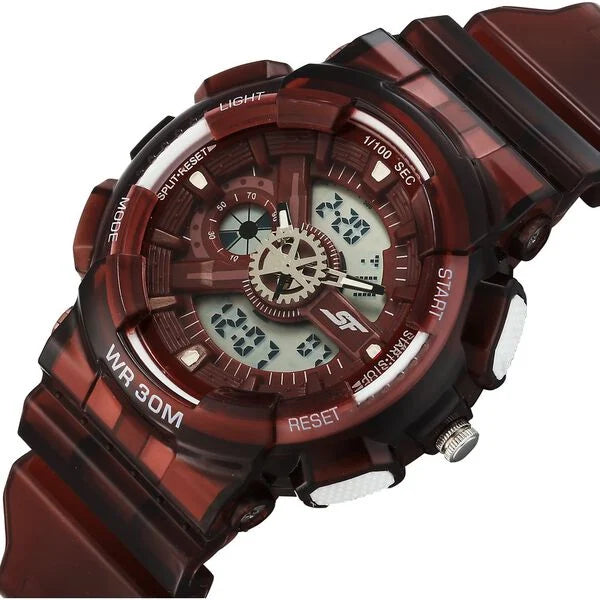 Sonata SF Spectra Quartz Digital Maroon Dial Translucent Maroon Polyether Strap Watch For Men 77137pp07