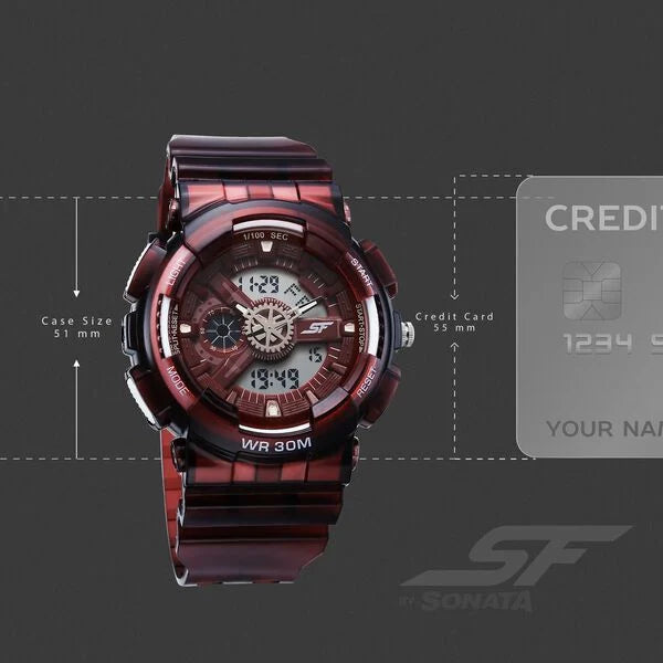 Sonata SF Spectra Quartz Digital Maroon Dial Translucent Maroon Polyether Strap Watch For Men 77137pp07