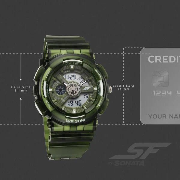 Sonata SF Spectra Quartz Digital Green Dial Translucent Green Polyether Strap Watch For Men 77137pp08
