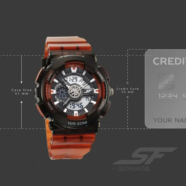 Sonata SF Spectra Quartz Digital Black Dial Translucent Orange PU Strap Watch For Men 77137pp10 - KRISHNA WATCH COMPANY