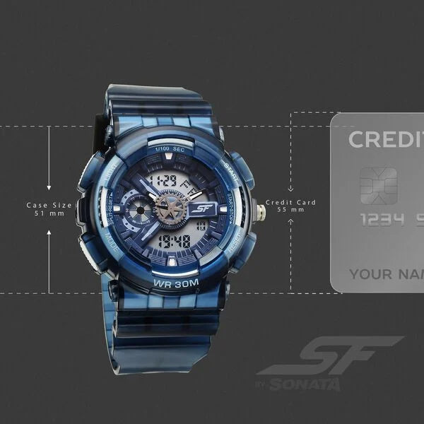 Sonata SF Spectra Quartz Digital Blue Dial Translucent Blue PU Strap Watch For Men 77137pp11 - KRISHNA WATCH COMPANY