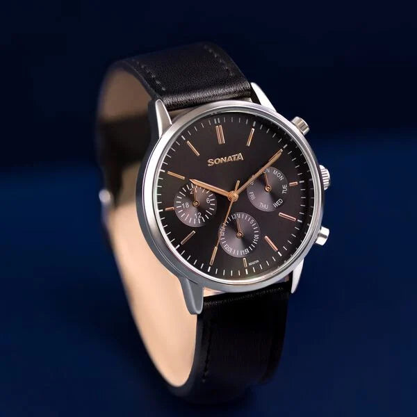 Sonata Quartz Multifunction Black Dial Black Leather Strap Watch For Men 77139sl03 - KRISHNA WATCH COMPANY