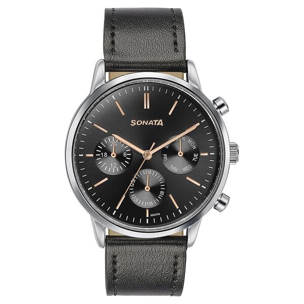 Sonata Quartz Multifunction Black Dial Black Leather Strap Watch For Men 77139sl03 - KRISHNA WATCH COMPANY
