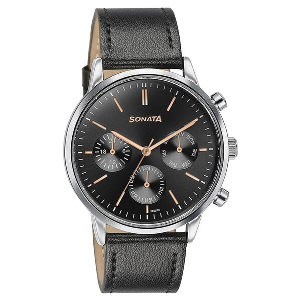 Sonata Quartz Multifunction Black Dial Black Leather Strap Watch For Men 77139sl03 - KRISHNA WATCH COMPANY