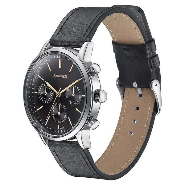 Sonata Quartz Multifunction Black Dial Black Leather Strap Watch For Men 77139sl03 - KRISHNA WATCH COMPANY