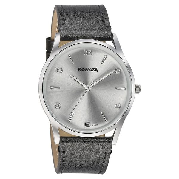 Sonata Quartz Analog Silver Dial Black Leather Strap Watch For Men 77140sl01 - KRISHNA WATCH COMPANY