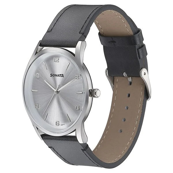 Sonata Quartz Analog Silver Dial Black Leather Strap Watch For Men 77140sl01 - KRISHNA WATCH COMPANY