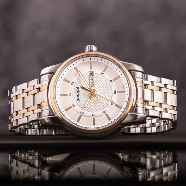 Sonata Quartz Analog with Day and Date White Dial Two Toned Stainless Steel Strap Watch For Men 77141bm01 - KRISHNA WATCH COMPANY
