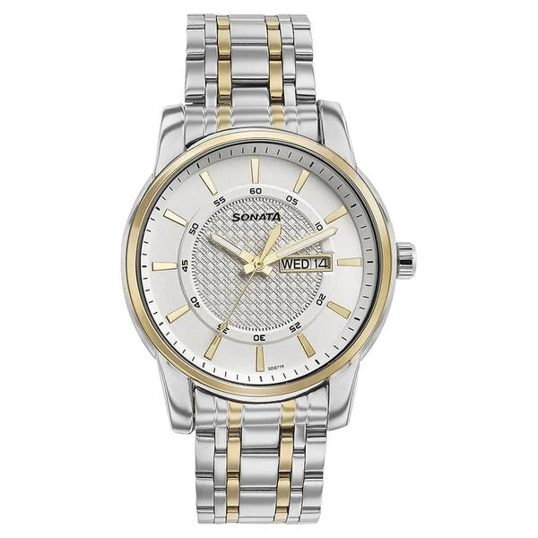 Sonata Quartz Analog with Day and Date White Dial Two Toned Stainless Steel Strap Watch For Men 77141bm01 - KRISHNA WATCH COMPANY