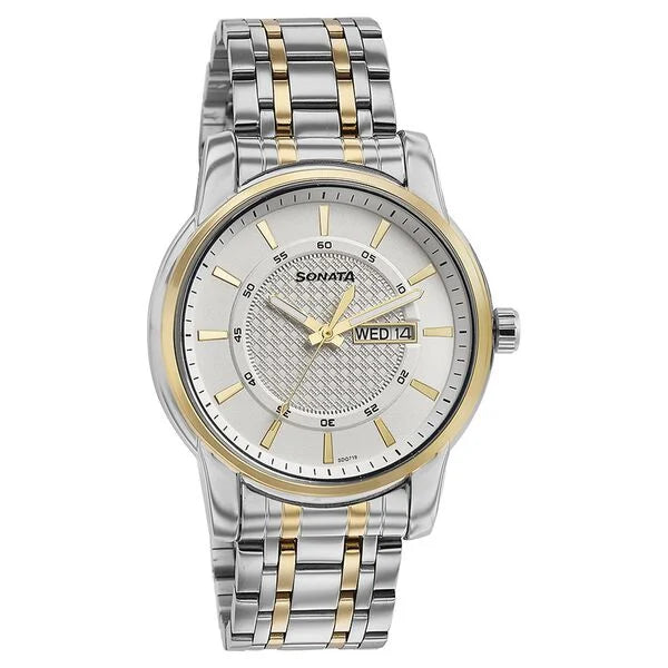 Sonata Quartz Analog with Day and Date White Dial Two Toned Stainless Steel Strap Watch For Men 77141bm01 - KRISHNA WATCH COMPANY