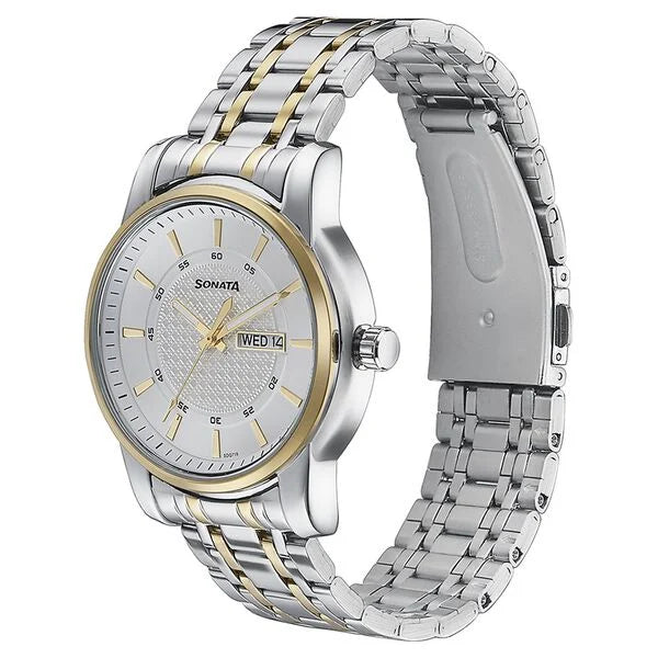 Sonata Quartz Analog with Day and Date White Dial Two Toned Stainless Steel Strap Watch For Men 77141bm01 - KRISHNA WATCH COMPANY