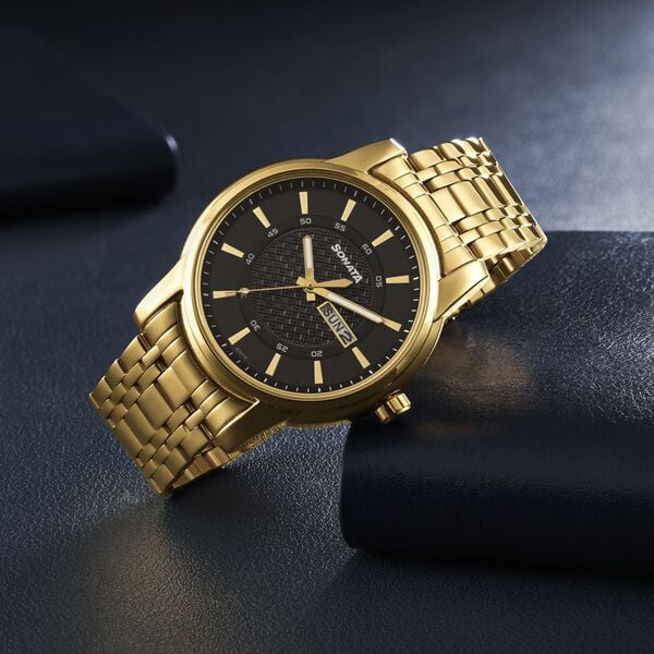 Sonata Quartz Analog with Day and Date Black Dial Golden Stainless Steel Strap Watch For Men 77141ym01 - KRISHNA WATCH COMPANY