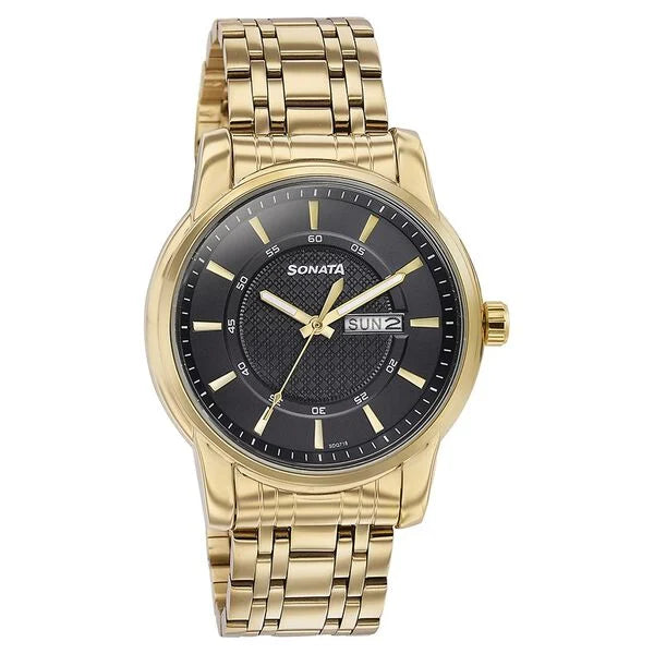 Sonata Quartz Analog with Day and Date Black Dial Golden Stainless Steel Strap Watch For Men 77141ym01 - KRISHNA WATCH COMPANY