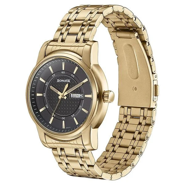 Sonata Quartz Analog with Day and Date Black Dial Golden Stainless Steel Strap Watch For Men 77141ym01 - KRISHNA WATCH COMPANY