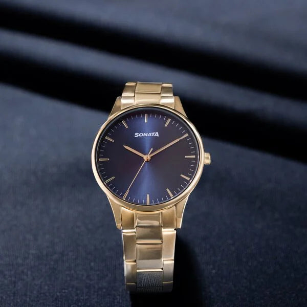 Sonata Quartz Analog Blue Dial Golden Stainless Steel Strap Watch For Men - 77144YM01 - KRISHNA WATCH COMPANY