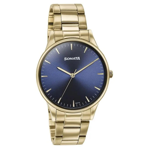 Sonata Quartz Analog Blue Dial Golden Stainless Steel Strap Watch For Men - 77144YM01 - KRISHNA WATCH COMPANY