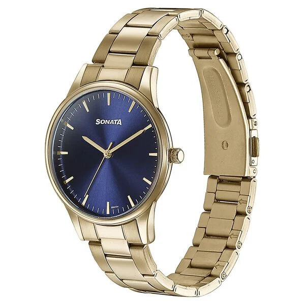 Sonata Quartz Analog Blue Dial Golden Stainless Steel Strap Watch For Men - 77144YM01 - KRISHNA WATCH COMPANY