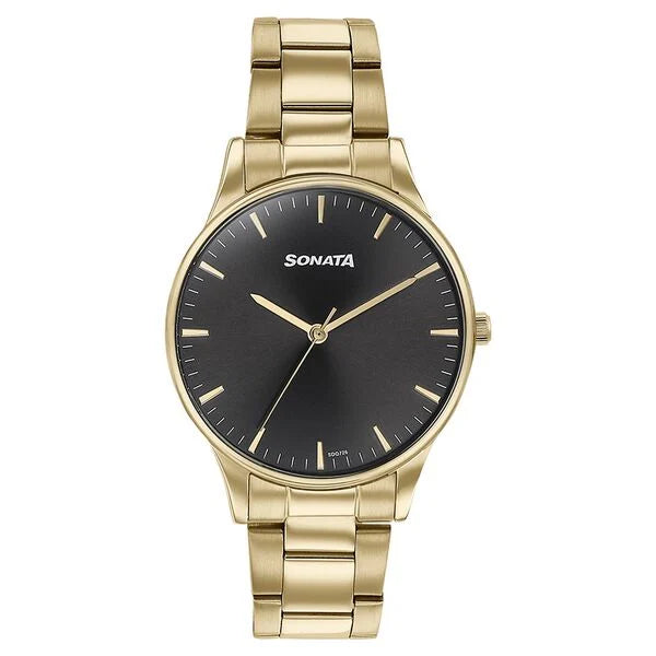 Sonata Quartz Analog Black Dial Golden Stainless Steel Strap Watch For Men 77144ym03 - KRISHNA WATCH COMPANY