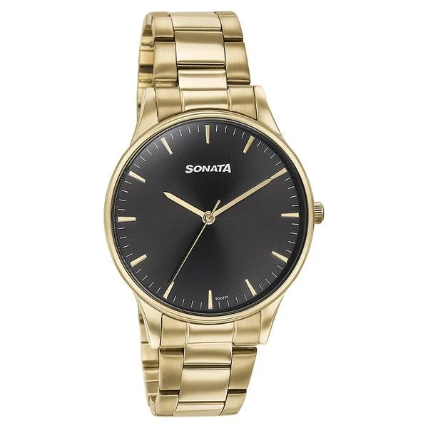 Sonata Quartz Analog Black Dial Golden Stainless Steel Strap Watch For Men 77144ym03 - KRISHNA WATCH COMPANY