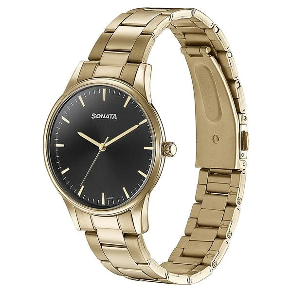 Sonata Quartz Analog Black Dial Golden Stainless Steel Strap Watch For Men 77144ym03 - KRISHNA WATCH COMPANY