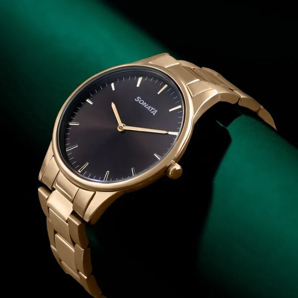 Sonata Quartz Analog Green Dial Golden Stainless Steel Strap Watch For Men 77144YM04 - KRISHNA WATCH COMPANY