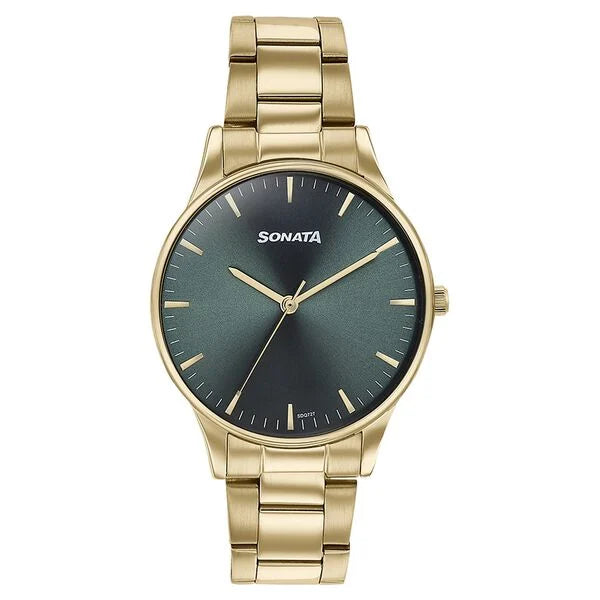 Sonata Quartz Analog Green Dial Golden Stainless Steel Strap Watch For Men 77144YM04 - KRISHNA WATCH COMPANY