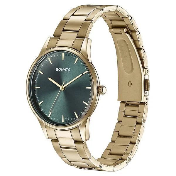 Sonata Quartz Analog Green Dial Golden Stainless Steel Strap Watch For Men 77144YM04 - KRISHNA WATCH COMPANY