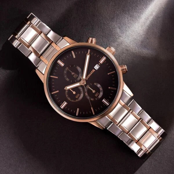 Sonata Quartz Multifunction Black Dial Two Toned Stainless Steel Strap Watch For Men 77145km01 - KRISHNA WATCH COMPANY
