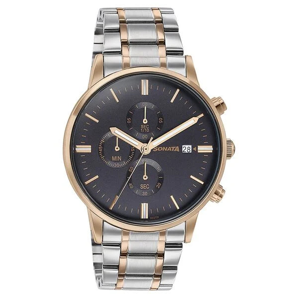 Sonata Quartz Multifunction Black Dial Two Toned Stainless Steel Strap Watch For Men 77145km01 - KRISHNA WATCH COMPANY