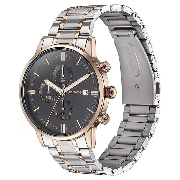 Sonata Quartz Multifunction Black Dial Two Toned Stainless Steel Strap Watch For Men 77145km01 - KRISHNA WATCH COMPANY