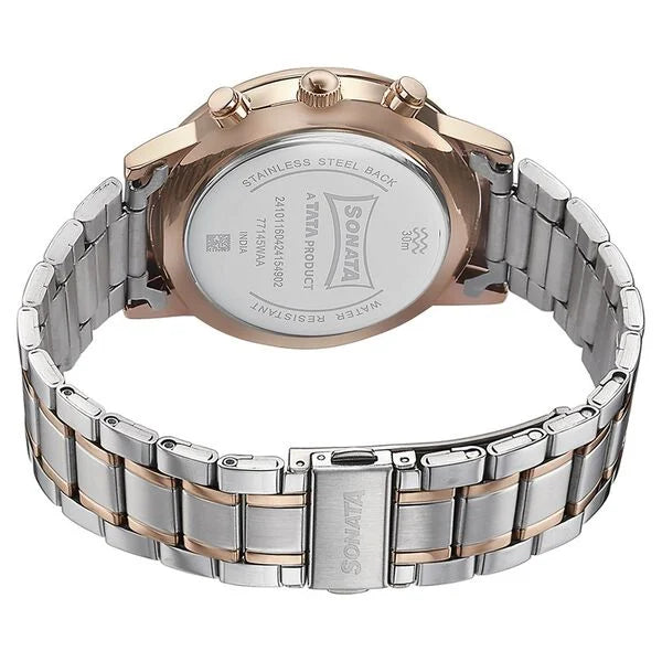 Sonata Quartz Multifunction Black Dial Two Toned Stainless Steel Strap Watch For Men 77145km01 - KRISHNA WATCH COMPANY