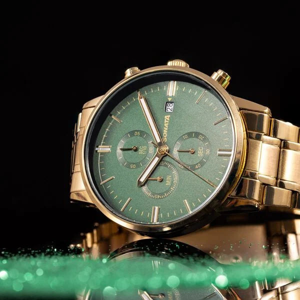 Sonata Quartz Multifunction Green Dial Golden Stainless Steel Strap Watch For Men 77145ym01 - KRISHNA WATCH COMPANY
