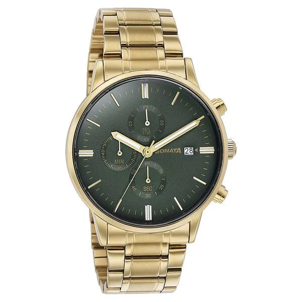 Sonata Quartz Multifunction Green Dial Golden Stainless Steel Strap Watch For Men 77145ym01 - KRISHNA WATCH COMPANY