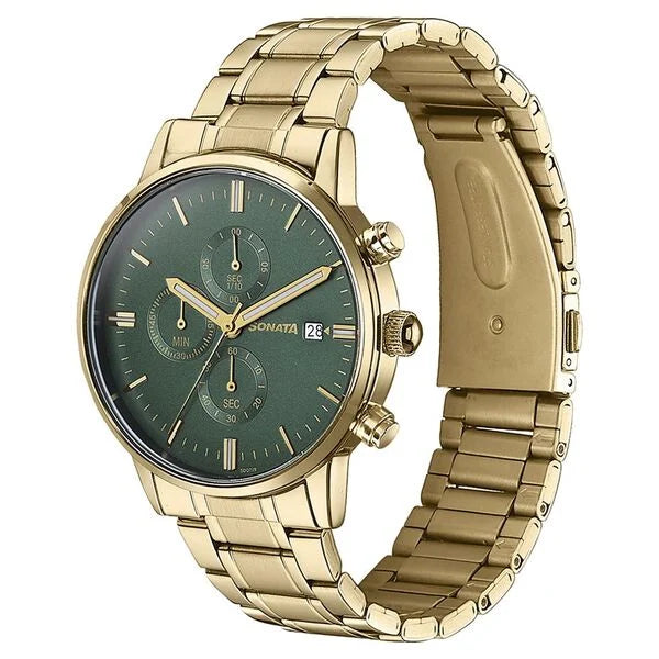 Sonata Quartz Multifunction Green Dial Golden Stainless Steel Strap Watch For Men 77145ym01 - KRISHNA WATCH COMPANY