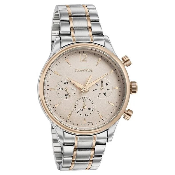 Sonata Quartz Multifunction Pink Dial Two Toned Stainless Steel Strap Watch For Men 77146km01 - KRISHNA WATCH COMPANY