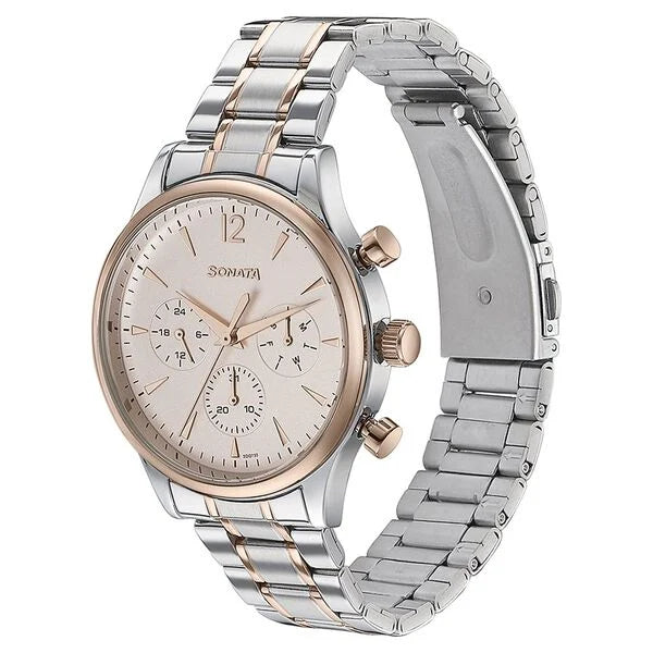 Sonata Quartz Multifunction Pink Dial Two Toned Stainless Steel Strap Watch For Men 77146km01 - KRISHNA WATCH COMPANY