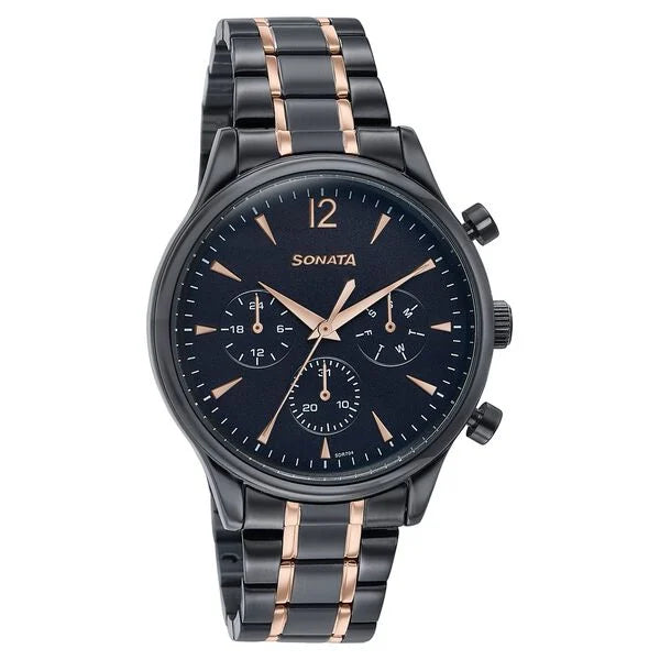 Sonata Wedding Edit Quartz Multifunction Black Dial Watch For Men - 77146KM02 - KRISHNA WATCH COMPANY