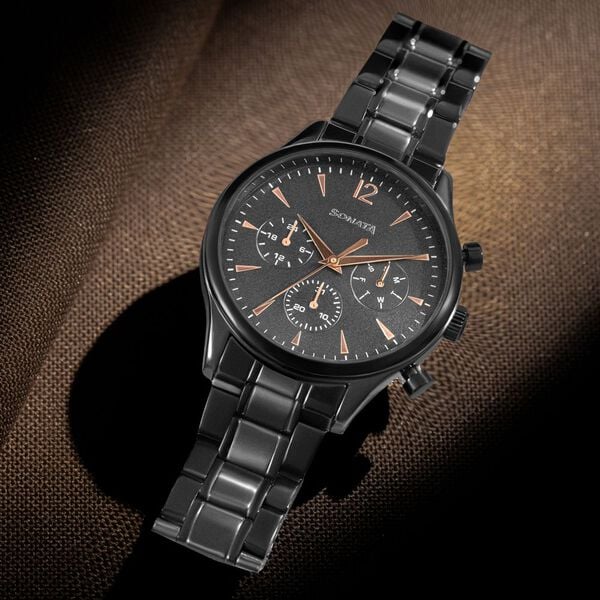 Sonata Quartz Multifunction Black Dial Black Stainless Steel Strap Watch For Men 77146nm01 - KRISHNA WATCH COMPANY
